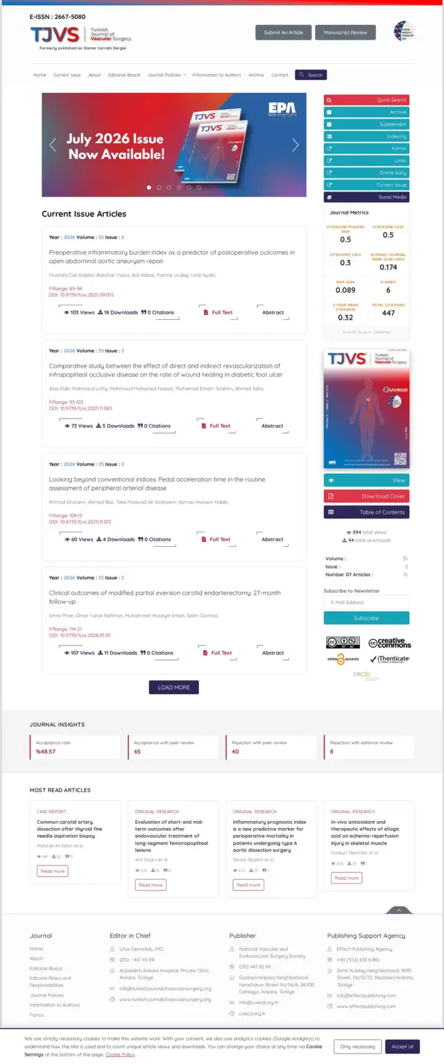 Turkish Journal of Vascular Surgery web sitesi ekran görüntüsü